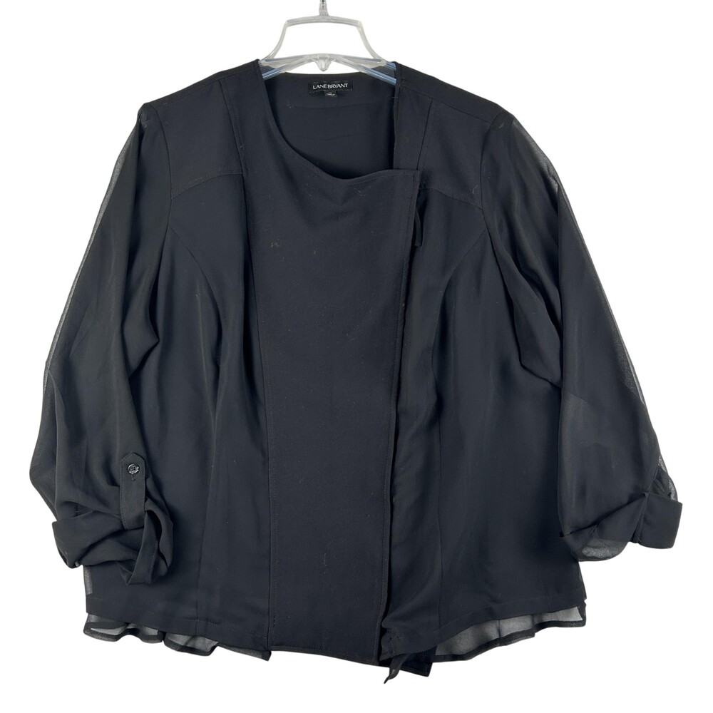Lane Bryant Jacket Womens 18 Black Sheer Chiffon Zip 3/4 Sleeve Layered Hem